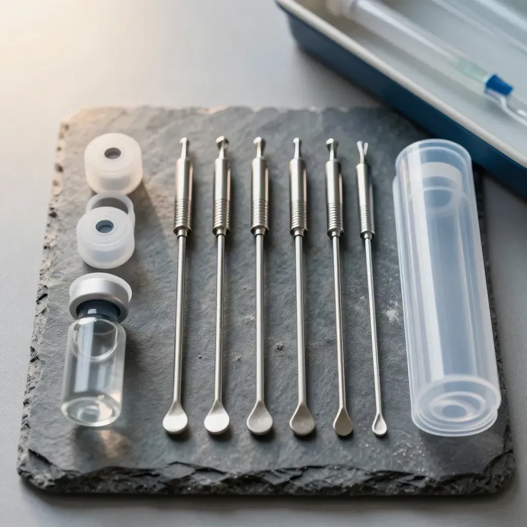 Top-down clinic still life with swabs, sample vials and a sealed tray on cool slate.
