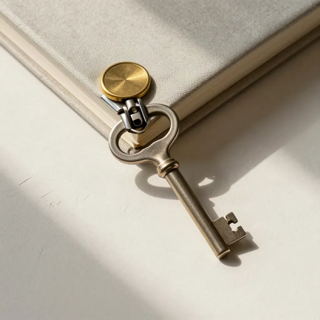 Vault key and brass ledger clasp on textured plaster, top-down finance still life