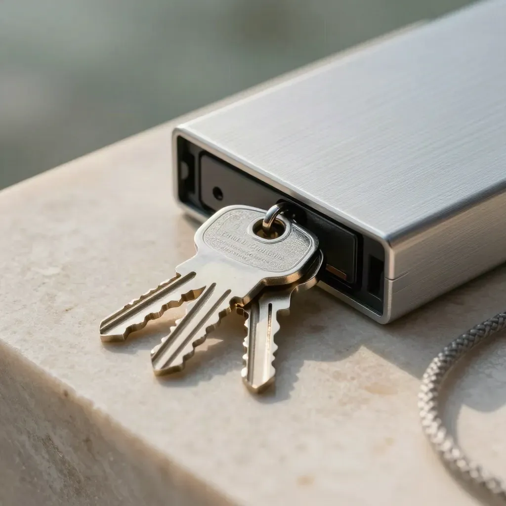 Hardware keys, backup SSD and aluminium archive case on pale limestone in soft rainy studio light.