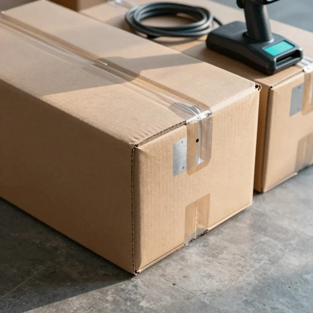 Shipping cartons, security tags and a scanner cradle on brushed stone under raking light.