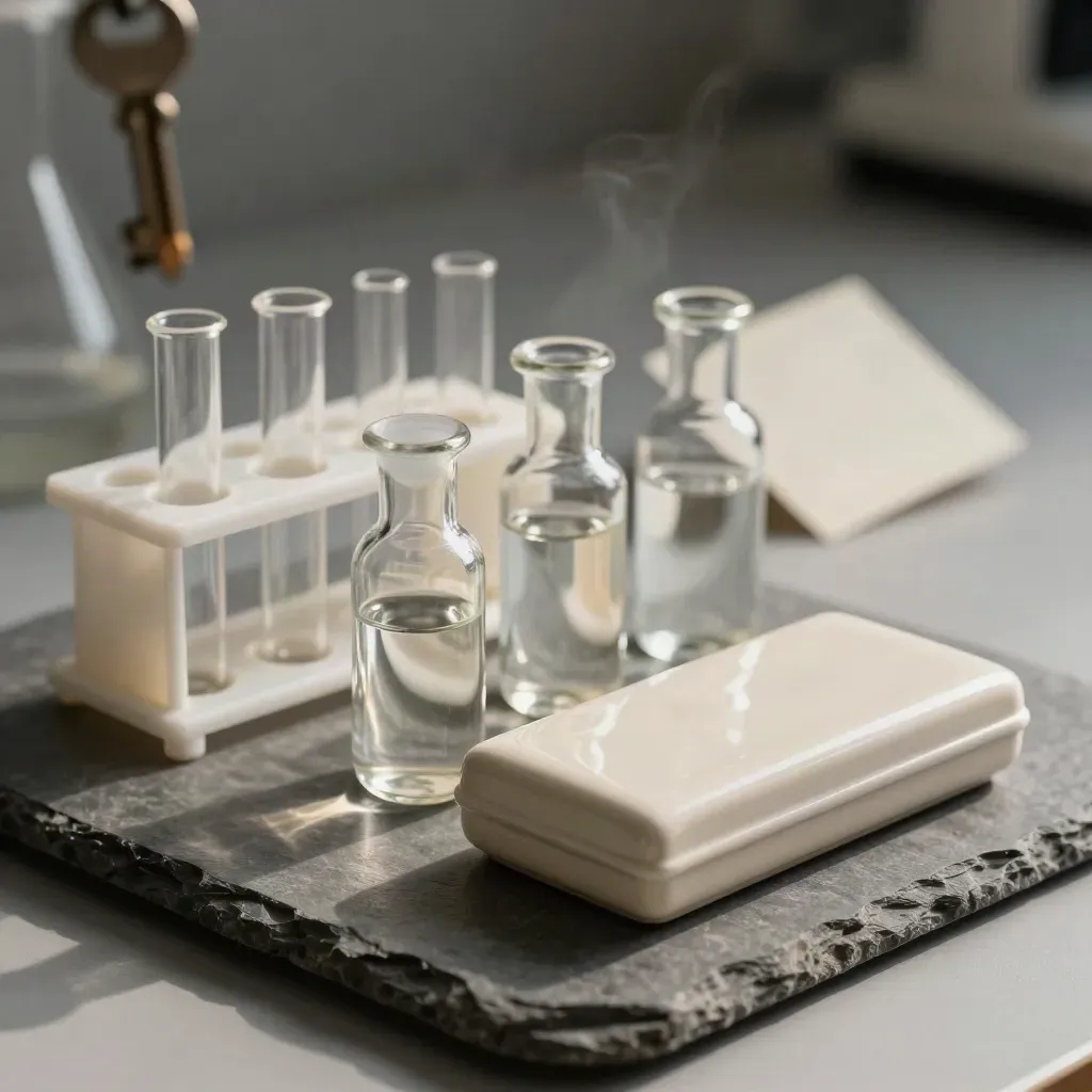 Lab vials, tube rack and ceramic slide case on stone in dramatic studio light.