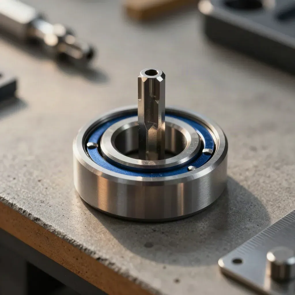 Machined spacers, bearing ring and torque bit aligned on a graphite concrete surface.