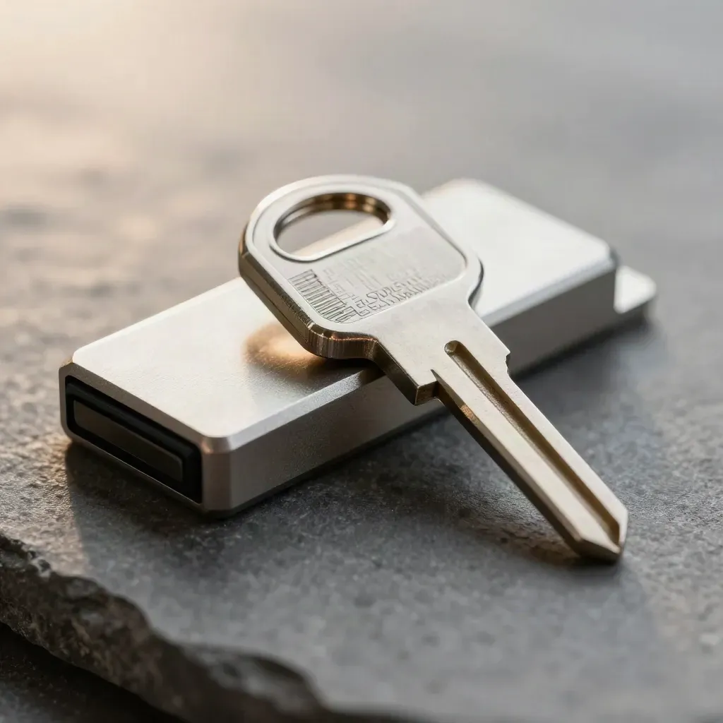 Macro of a titanium security key beside a sealed SSD caddy on graphite stone.