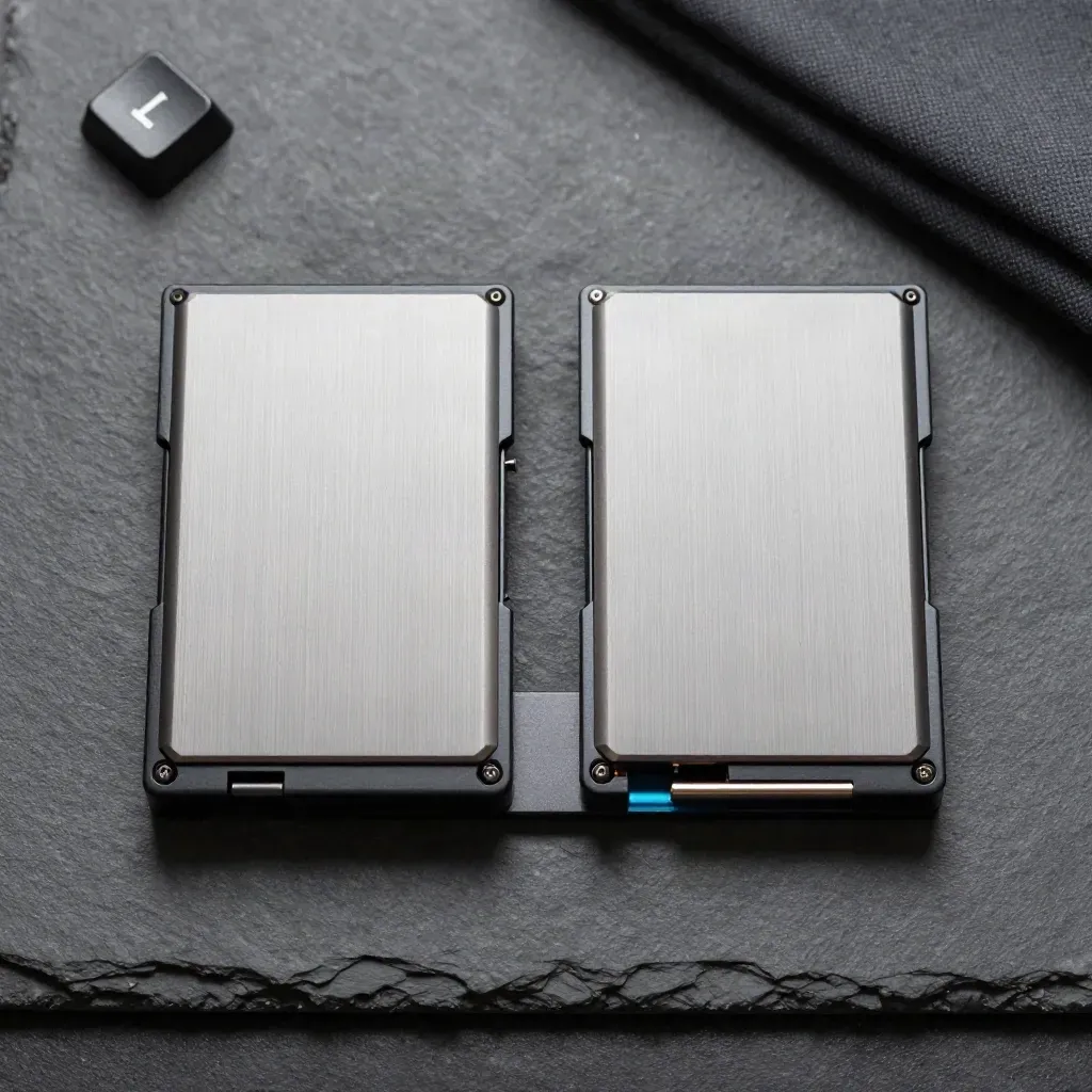 Top-down macro of two backup SSD cartridges in a slim docking cradle on graphite stone.