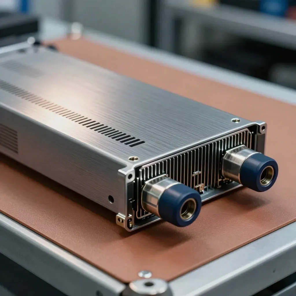 Server blade and fibre couplers on a terracotta anti-static pad, lit from upper left.