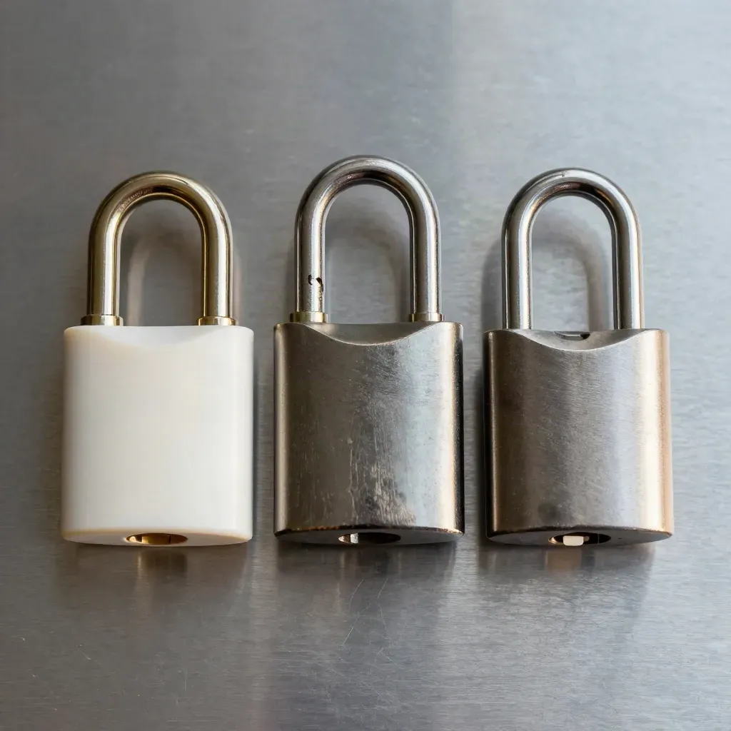 Top-down lock cylinders, blank fob shell and steel latch plate on brushed metal.