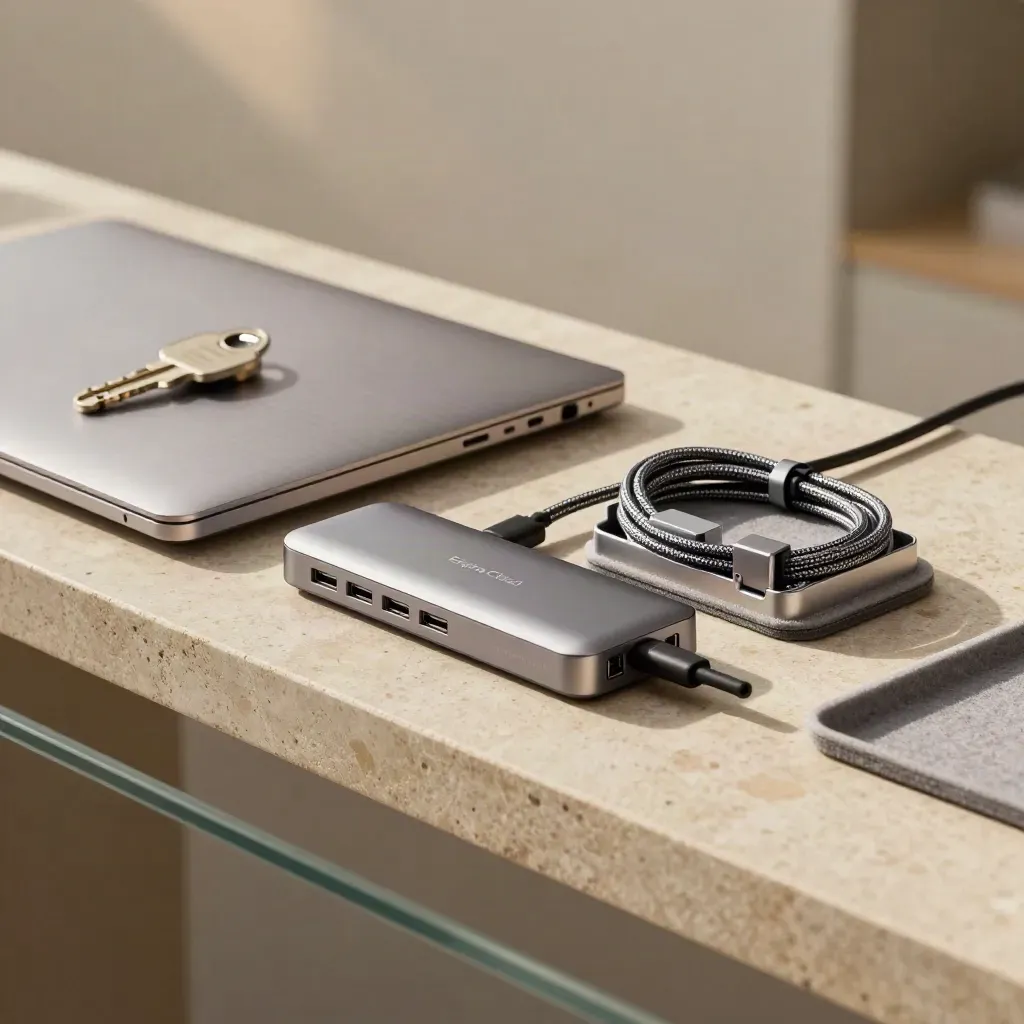 Brushed laptop dock, USB-C hub, and cable organiser on warm stone shelf