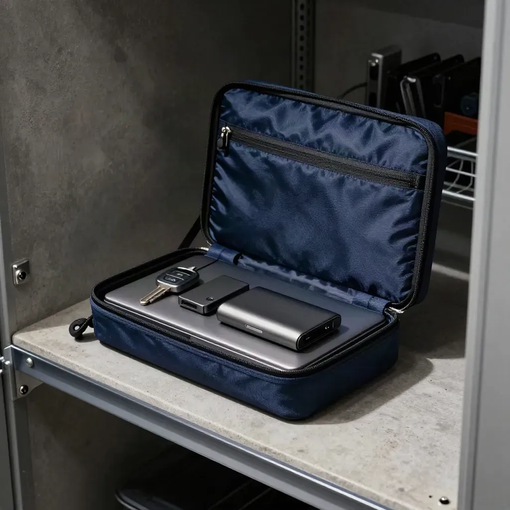 Travel security kit with encrypted drive, hardware key, power bank and laptop sleeve on concrete.