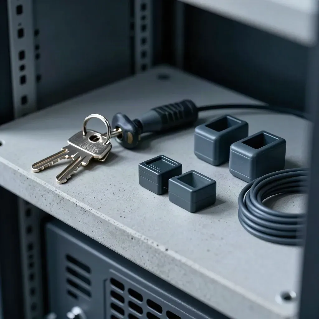 Rack keys, cable tester, drive caddies and patch lead on concrete, seen from above.