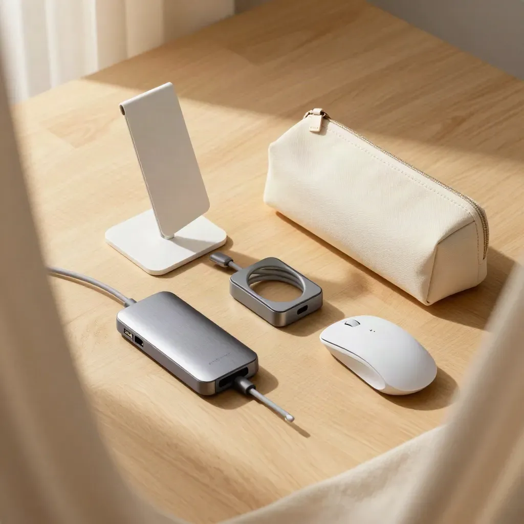 Flatlay of headset stand, wireless mouse, USB hub and travel pouch on pale wood with soft curtain edge.