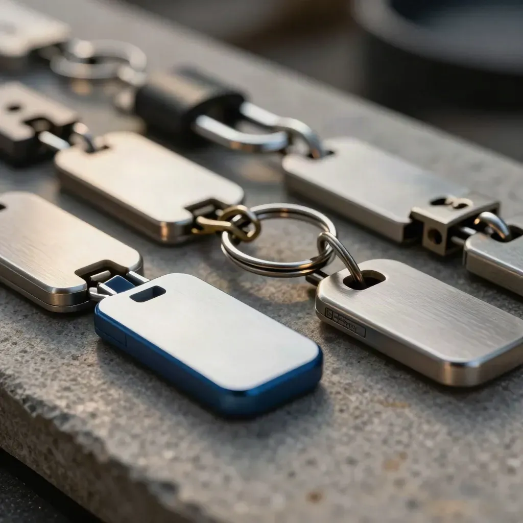 Macro of access fobs, a key ring, cable lock and metal latch on stone with dark bokeh.
