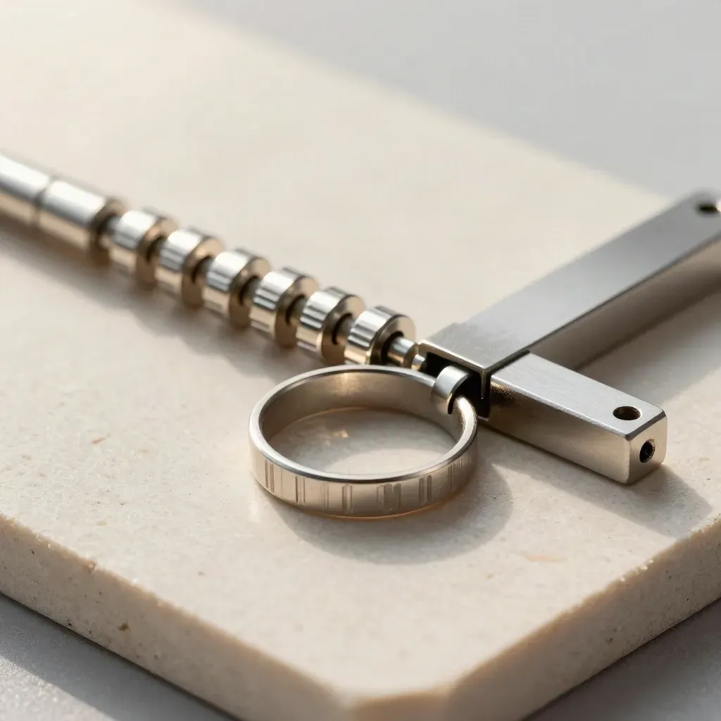 Macro flatlay of linked metal rings and connector pins on cream stone.