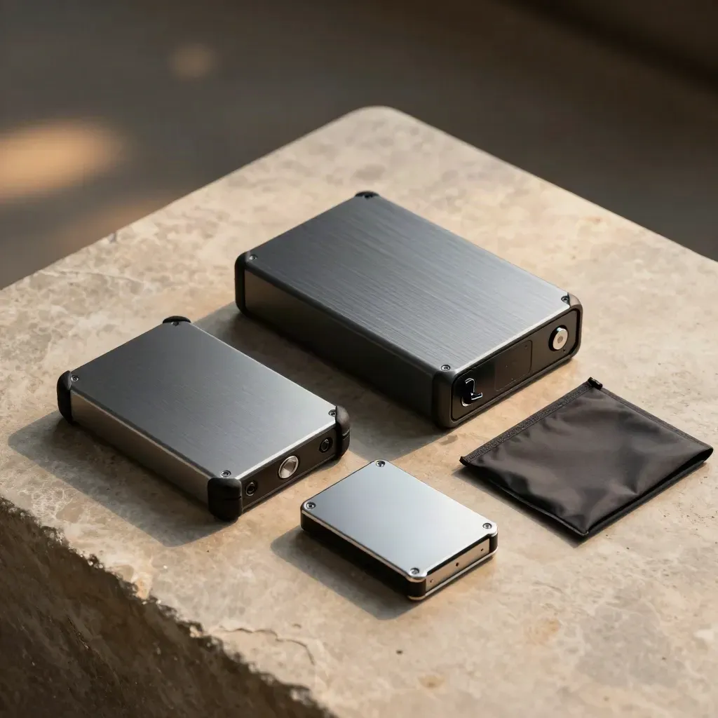 Top-down backup drives, caddy and sealed anti-static pouch on warm stone.
