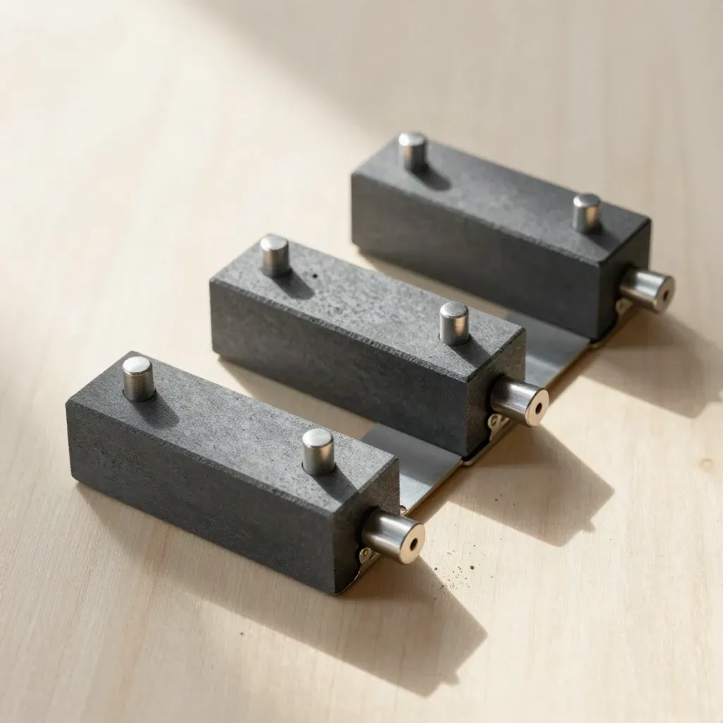 Top-down still life of modular blocks and connector pins on pale wood