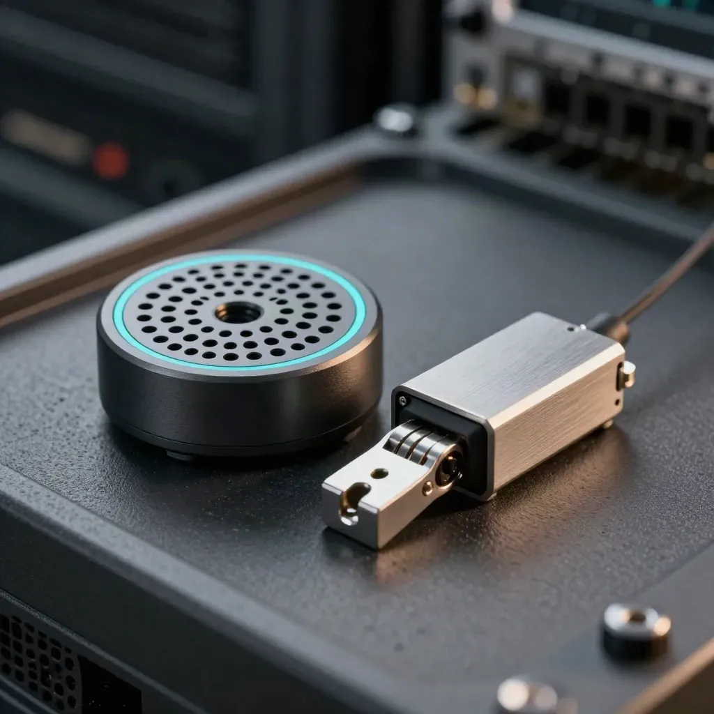 Macro cluster of a vented monitoring puck, sensor module and cable clips on a dark metal tray.