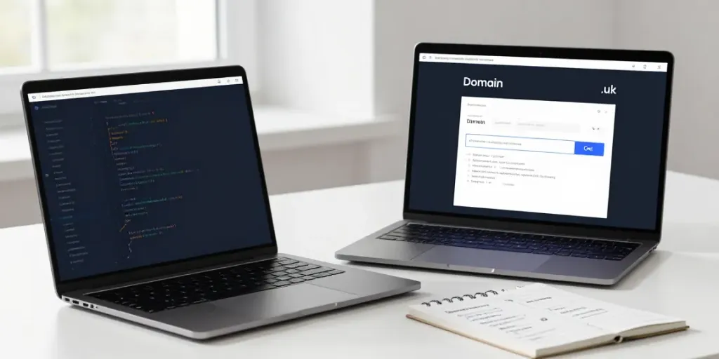 .uk domain search interface displayed on a modern workspace with tech gadgets, highlighting software development and digital platform.